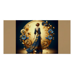 Póster Elegante mujer Art Deco en oro y azul