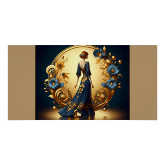 Póster Elegante mujer Art Deco en oro y azul