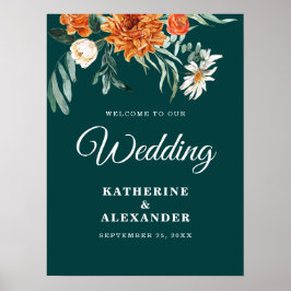 Póster Elegante Naranja floral Verde azulado quemado Boda