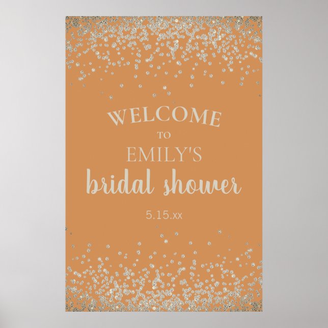 Póster Elegante Naranja quemado Silver Confetti Bridal Sh (Frente)
