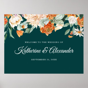 Póster Elegante Naranja quemado Verde azulado Boda floral