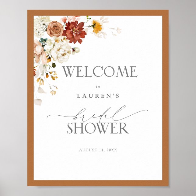 Póster Elegante Naranja Rust Floral Bridal Shower Bienven (Frente)
