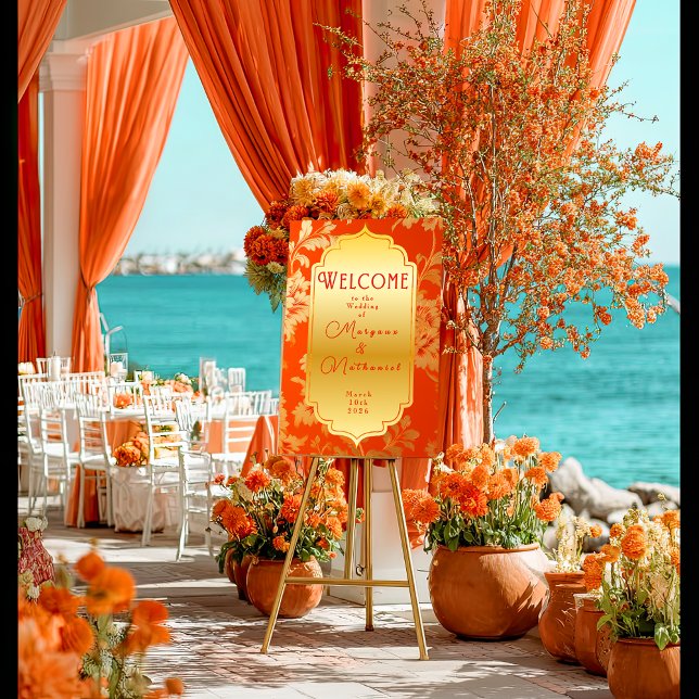 Póster Elegante Naranja y Boda mandarín dorado bienvenida (Elegant Floral Orange and Gold Glossy Wedding Welcome Poster )
