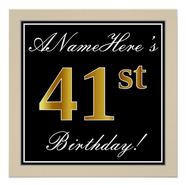 Póster Elegante, Negro, Dorado Falso Cumpleaños 41 + Nomb (Anverso)