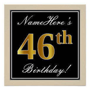 Póster Elegante, Negro, Dorado Falso Cumpleaños 46 + Nomb