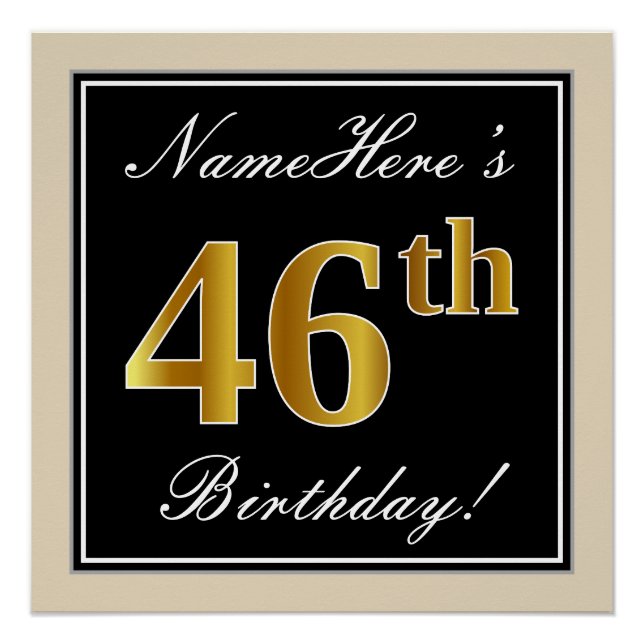 Póster Elegante, Negro, Dorado Falso Cumpleaños 46 + Nomb (Anverso)