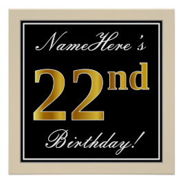 Póster Elegante, negro, falso oro 22 cumpleaños + nombre