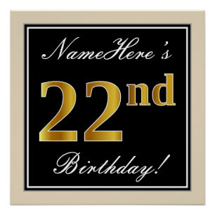 Póster Elegante, negro, falso oro 22 cumpleaños + nombre