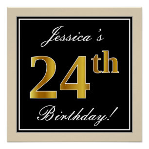 Póster Elegante, negro, falso oro 24 cumpleaños + nombre