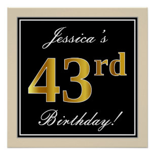 Póster Elegante, negro, falso oro 43 cumpleaños + nombre