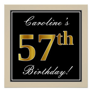 Póster Elegante, negro, falso oro 57 cumpleaños + nombre