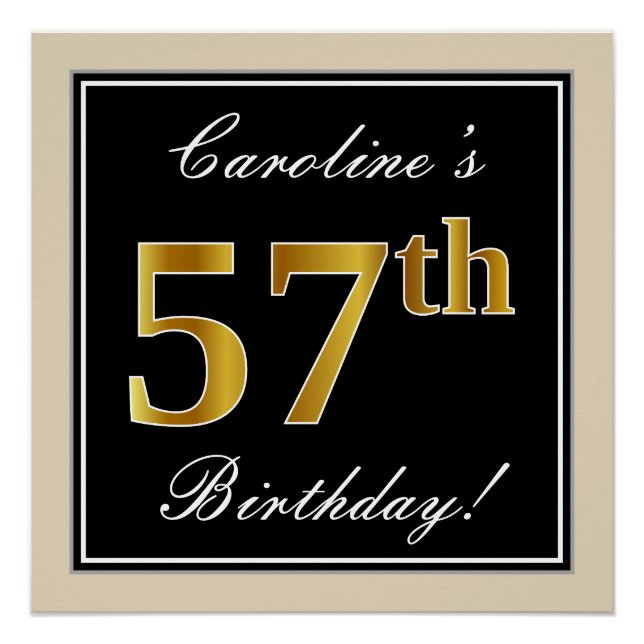Póster Elegante, negro, falso oro 57 cumpleaños + nombre (Anverso)