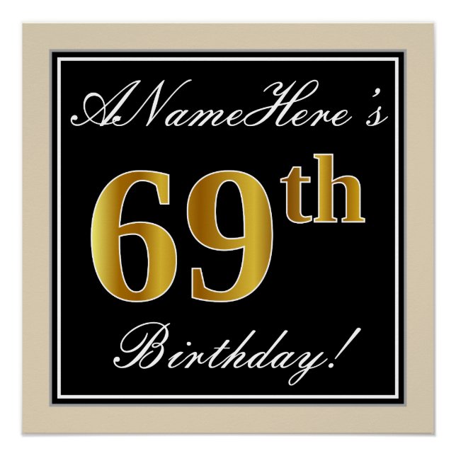 Póster Elegante, negro, falso oro 69 cumpleaños + nombre (Anverso)
