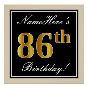 Póster Elegante, negro, falso oro 86º cumpleaños + nombre