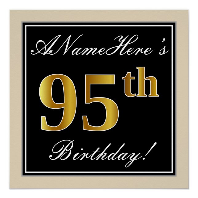 Póster Elegante, negro, falso oro 95 cumpleaños + nombre (Anverso)
