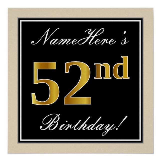 Póster Elegante, Negro, Falso Oro Cumpleaños 52 + Nombre (Anverso)