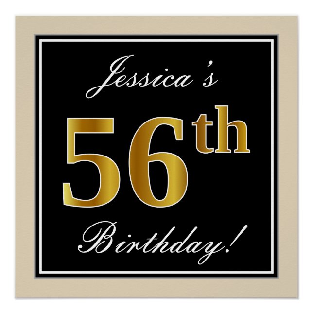 Póster Elegante, negro, falso oro Cumpleaños número 56 +  (Anverso)