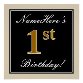 Póster Elegante, negro, falso oro primer cumpleaños + nom