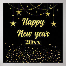 Póster Elegante Negro Moderno y Oro Feliz Año Nuevo