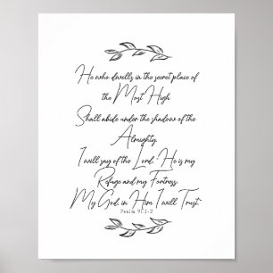 Póster Elegante Negro y Blanco Hojas Salmo 91 Cristiano