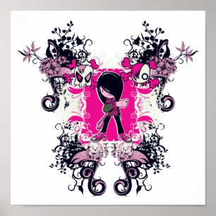 Póster elegante niño chica emo con remolinos de cráneo cr