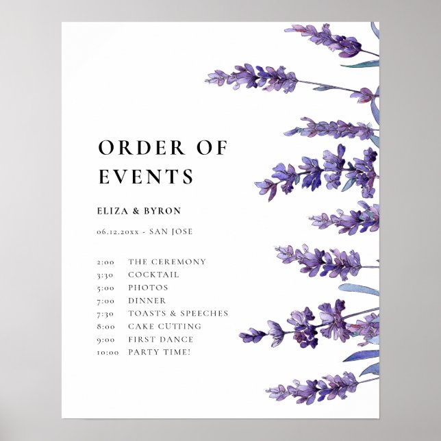 Póster Elegante orden de eventos de lavanda floral (Frente)