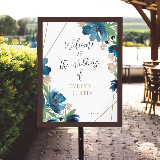 Póster Elegante oro azul polvoriento Boda Floral Bienveni (Elegant dusty blue gold Floral Wedding Welcome Poster)