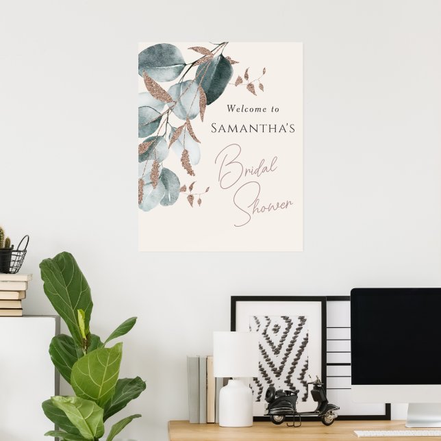 Póster Elegante oro verde destellante hojas ducha nupcial (Oficina en casa)