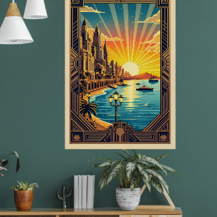 Póster Elegante paisaje Art Déco costero