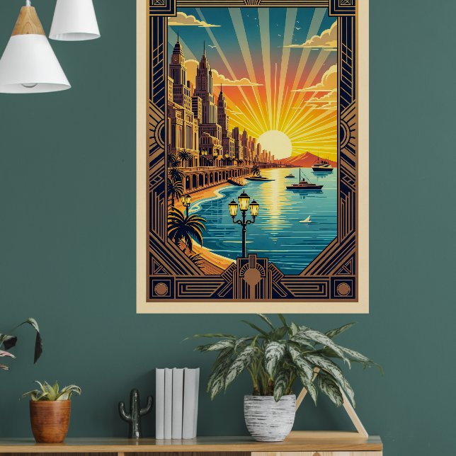 Póster Elegante paisaje Art Déco costero (Salón 1)