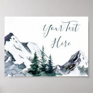 Póster Elegante paisaje de montañas forestales en acuarel