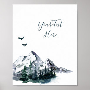 Póster Elegante paisaje de montañas forestales en acuarel