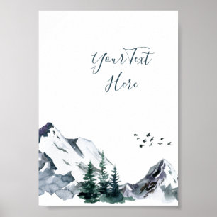 Póster Elegante paisaje de montañas forestales en acuarel