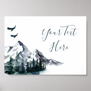 Póster Elegante paisaje de montañas forestales en acuarel
