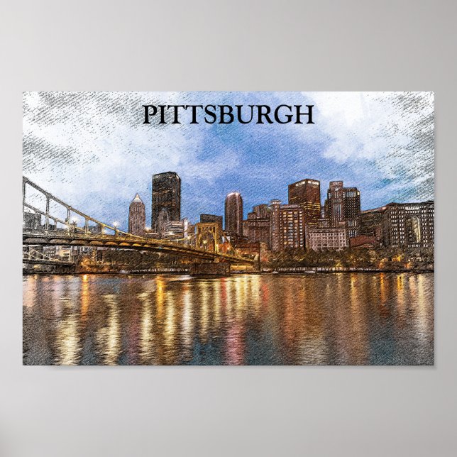 Póster Elegante paisaje de Pittsburgh Cityscape Watercolo (Frente)