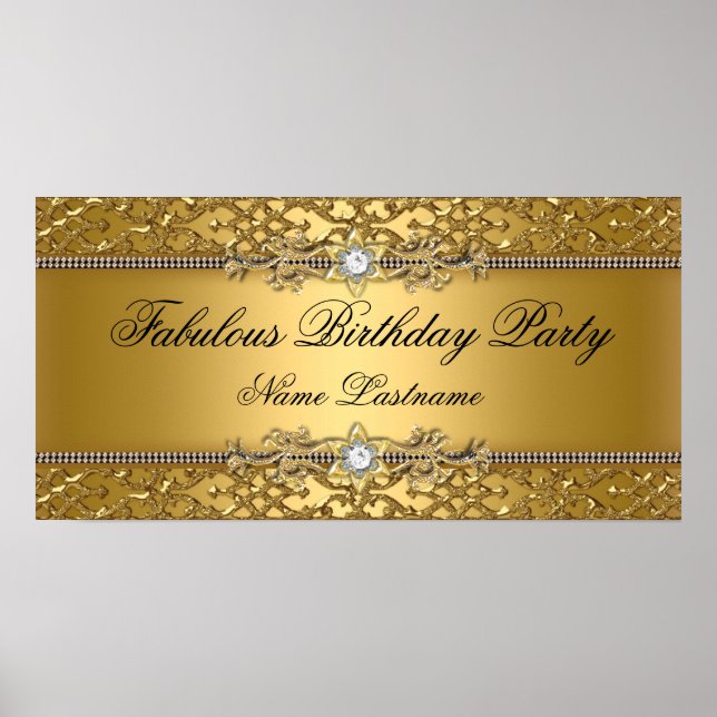 Póster Elegante pancarta de cumpleaños con damasco dorado (Frente)