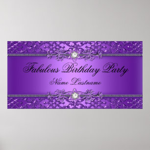 Póster Elegante pancarta de cumpleaños con damasco morado