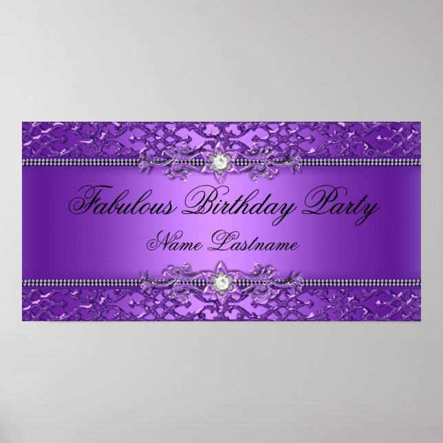 Póster Elegante pancarta de cumpleaños con damasco morado (Frente)