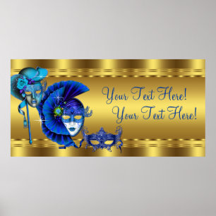 Póster Elegante pancarta de fiesta de máscaras azul y dor