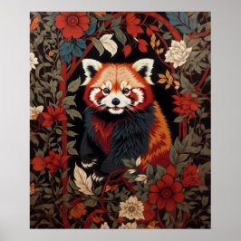 Póster Elegante Panda Rojo William Morris Inspirado Flora