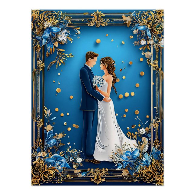 Póster Elegante pareja de bodas que abrazan con marco flo (Anverso)