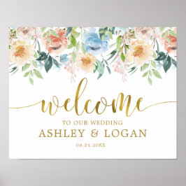 Póster Elegante Pastel Blue Floral Boda Bienvenida