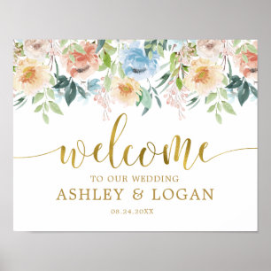 Póster Elegante Pastel Blue Floral Boda Bienvenida