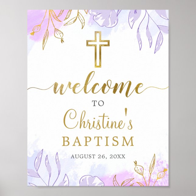 Póster Elegante Pastel Purple Gold Baptism (Frente)
