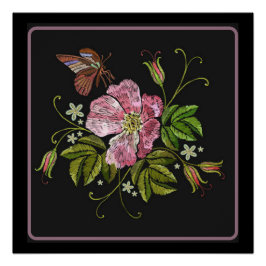 Póster Elegante patrón de bordado floral fondo negro