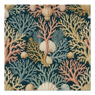 Póster Elegante patrón de coral y conchas de teal