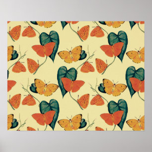 Póster Elegante patrón de mariposas y hojas de época  