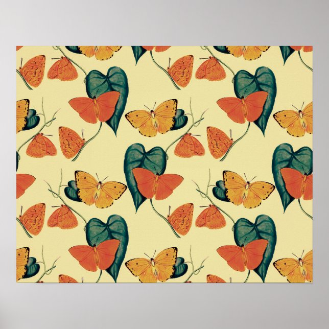 Póster Elegante patrón de mariposas y hojas de época | (Frente)