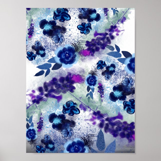 Póster Elegante patrón de pintura de flores moradas azule (Frente)