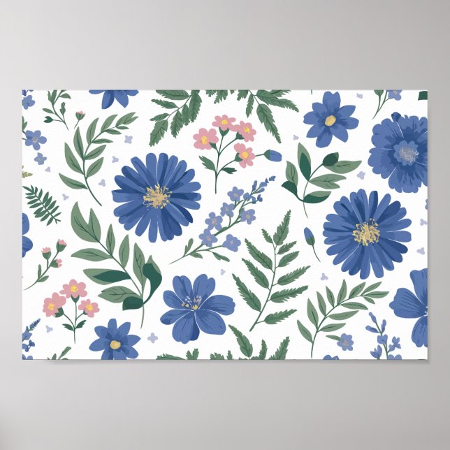 Póster Elegante patrón floral azul con vegetación fresca (Frente)